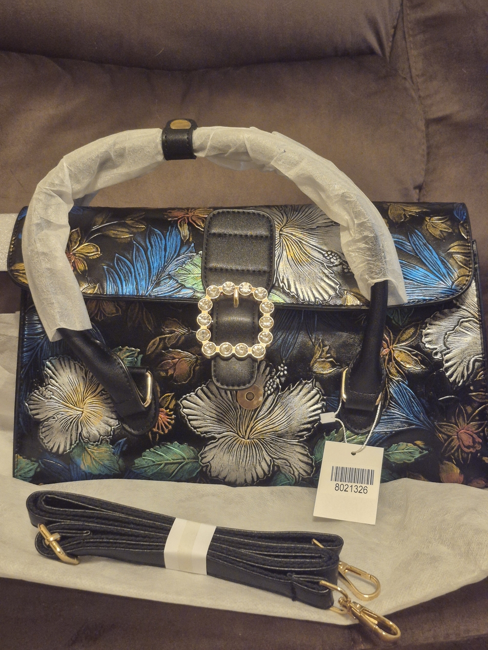 Black Floral Embossed Crossbody Satchel with Crystal Buckle